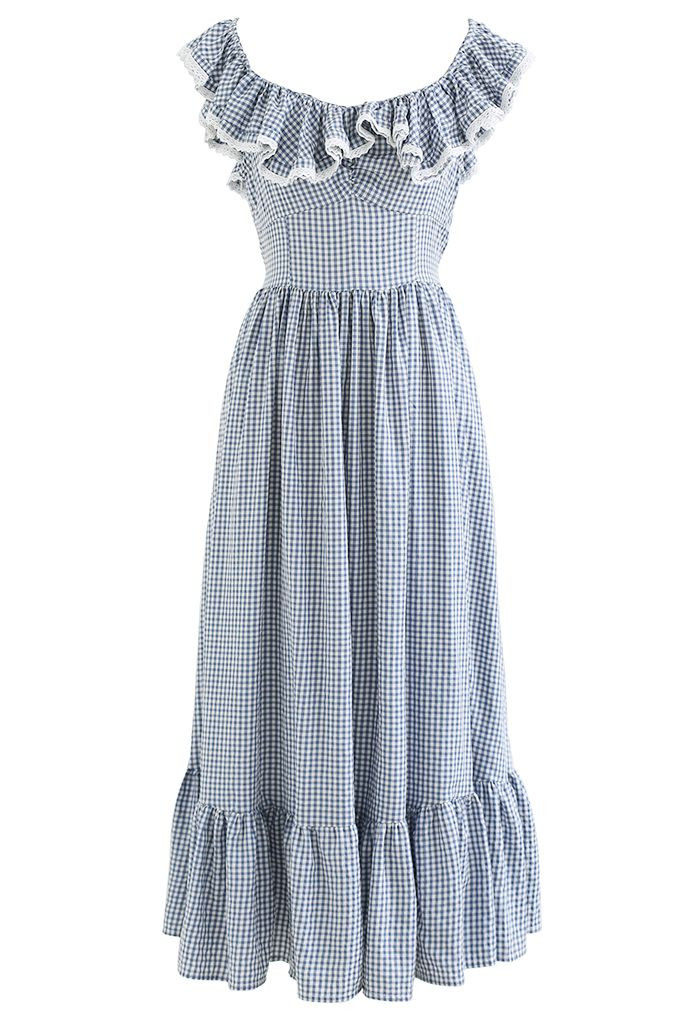Gingham Ruffled Shoulder Frilling Dress in Blue | Chicwish