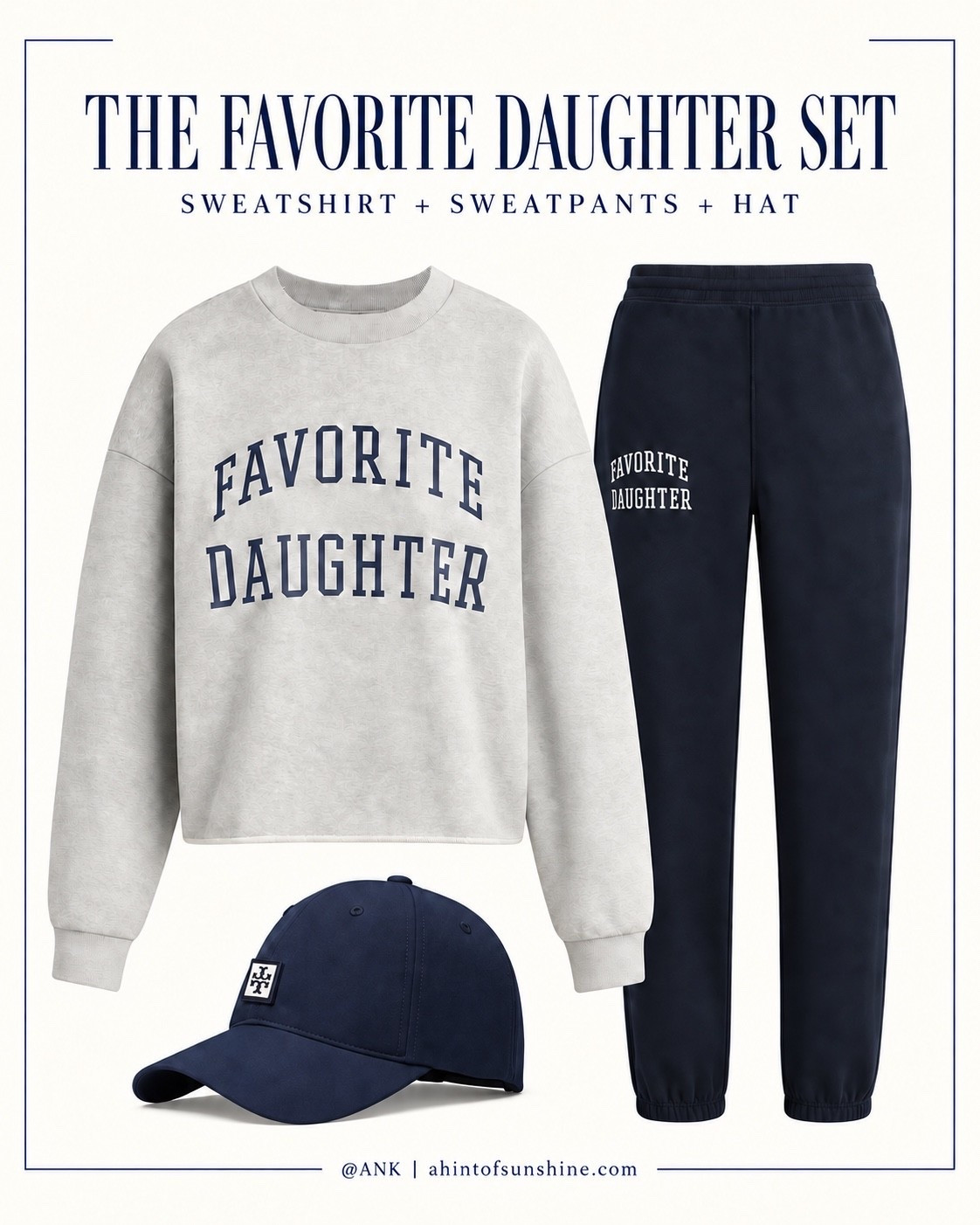 Favorite Daughter energy! The cozy sweatshirt and sweatpants make the cutest matching set—and the navy Tory Burch hat completes the look. Wear them together or mix and match all season!

#LTKStyle #LTKFinds #LTKSeasonal #MatchingSet #SweatSet #CozyStyle #FavoriteDaughter

#LTKdayinmylife #LTKSeasonal #LTKOver40