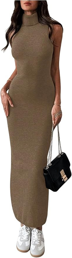 GORGLITTER Women's Turtleneck Long Sweater Dress Fall Sleeveless Elegant Bodycon Knitted Maxi Dre... | Amazon (US)