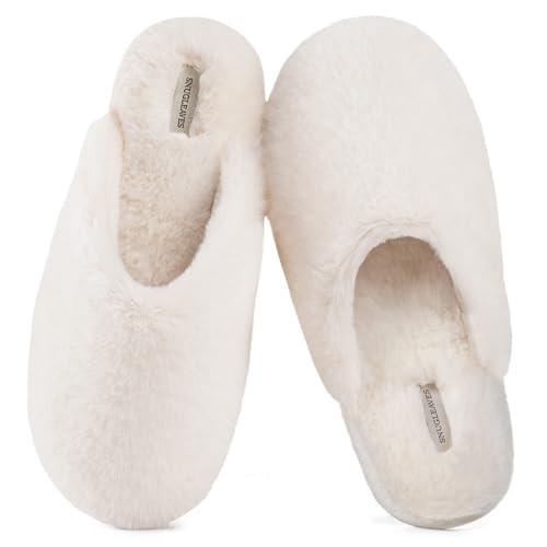 Snug Leaves Women's Fuzzy Scuff Slippers Soft Comfy Memory Foam Non-slip Indoor House Shoes (Cream White, Size 11-12) | Amazon (US)