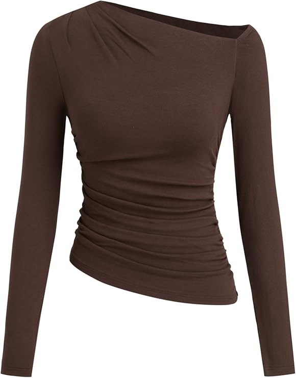 CIDER Off The Shoulder Tops for Women Long Sleeve Shirts Asymmetrical Neck Ruched Going Out Tops ... | Amazon (US)