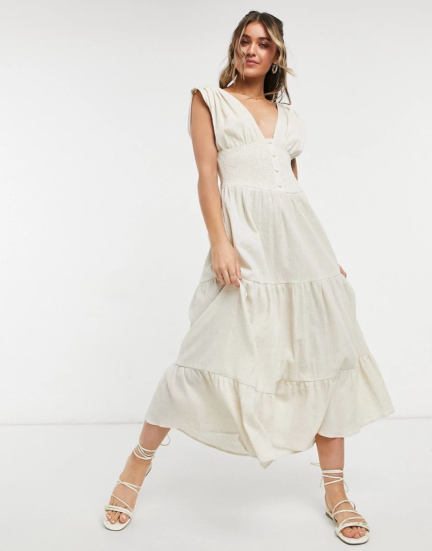 ASOS DESIGN shirred waist button front tiered midi sundress in crinkle in oatmeal-Beige | ASOS (Global)