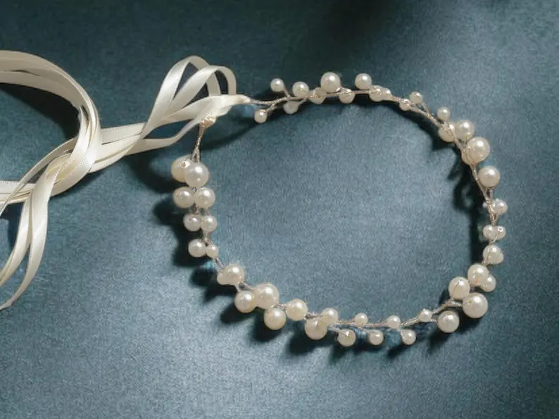 Bridal Pearl Hair Crown: Handmade Wedding Hair Wreath With Ivory Ribbon - Etsy | Etsy (US)