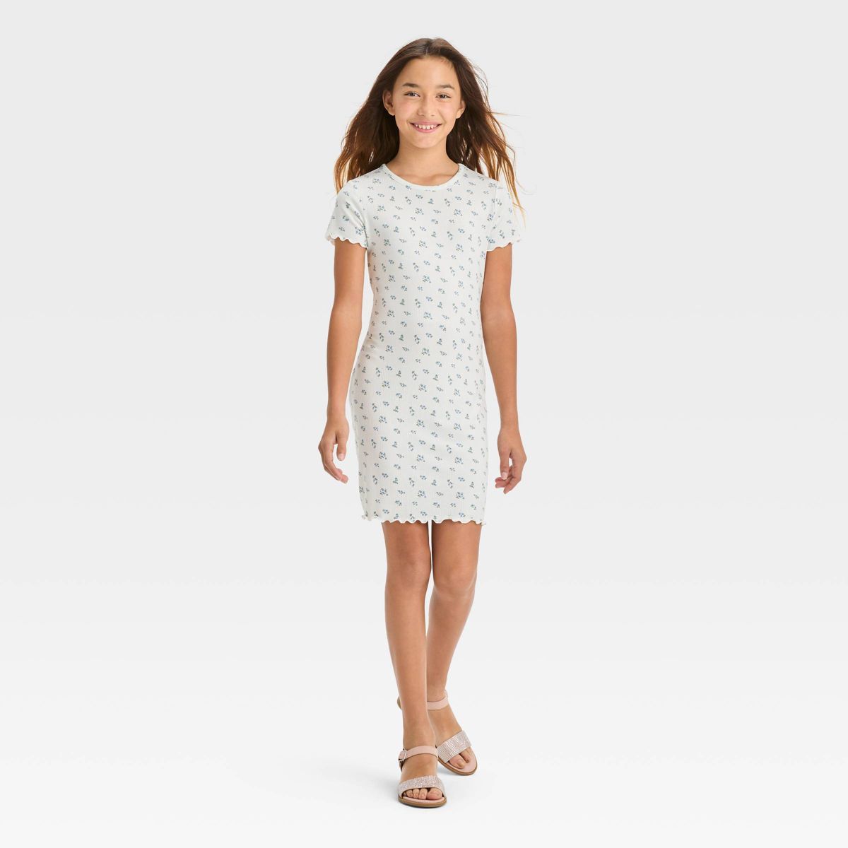 Girls' Short Sleeve Rib-Knit Dress - art class™ White Floral S | Target