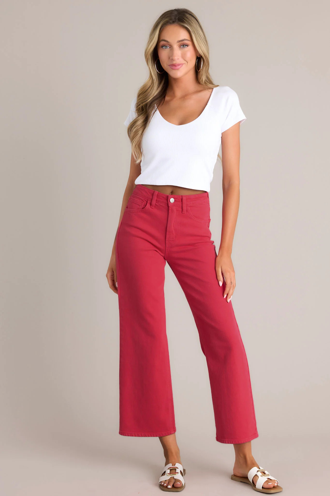 Into The Clouds Red Cropped Wide Leg Jeans | Red Dress