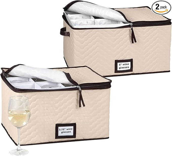 Wine Glass Storage Boxes with Dividers - Pack of 2 Sizes - Each Holds 12 Glasses - Quilted Microf... | Amazon (US)
