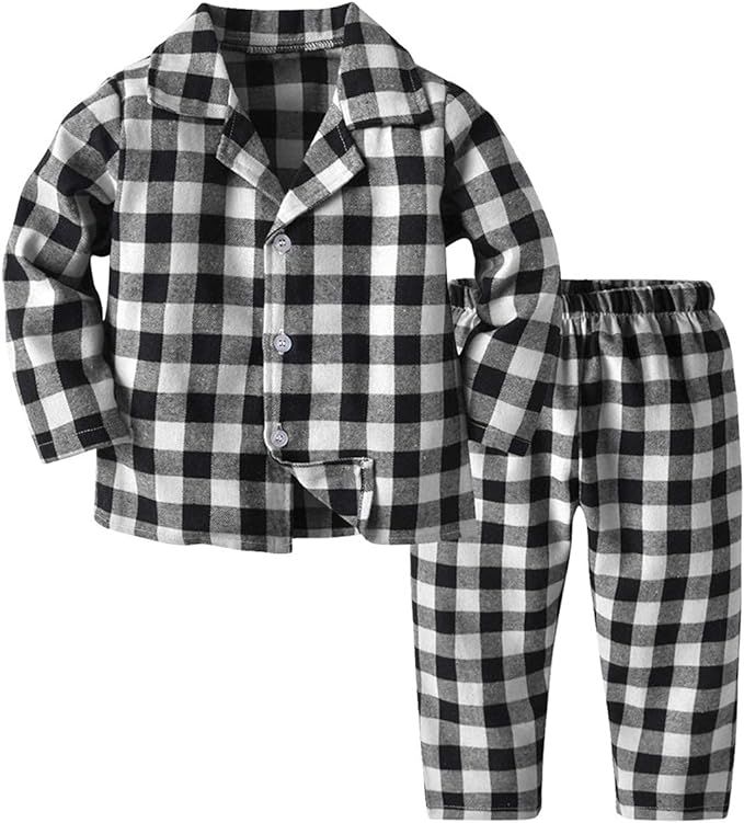QZH.DUAO Kids Boy's Girls Plaid Cotton Pajamas Set, Button Down Long and Short Sleepwear Pajamas ... | Amazon (US)