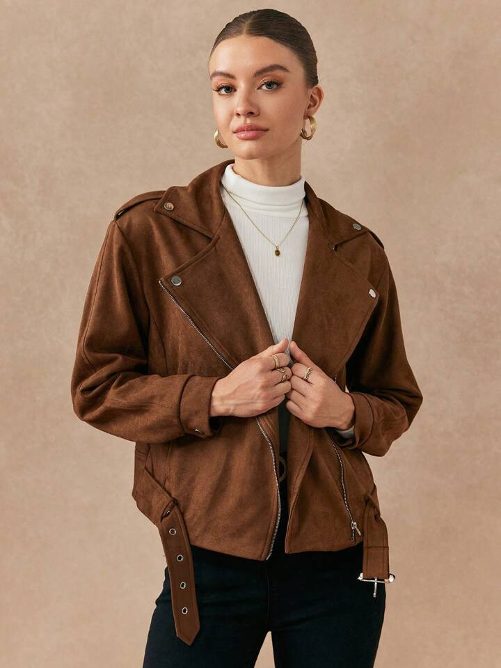 Almamuse Women Solid Color Pockets Zip-Up Casual Versatile Long Sleeve Jacket | SHEIN