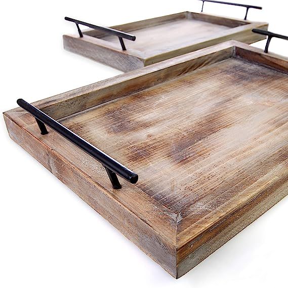 Bison Home Goods Wooden Serving Trays with Handles (2 Pc. Set) Rustic Color, Farmhouse Wood Butle... | Amazon (US)