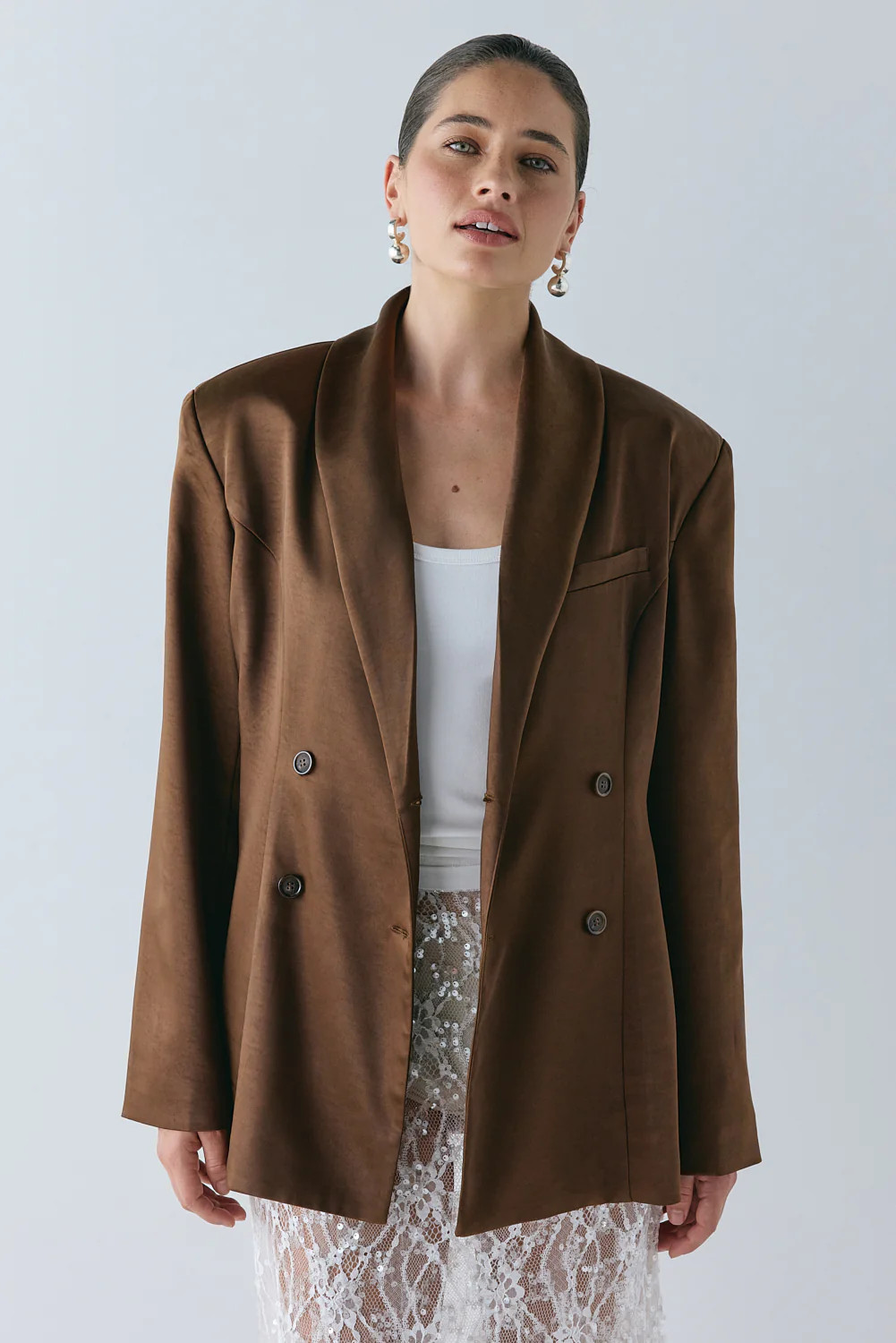 Yara Satin Blazer Chocolate | VRG Grl