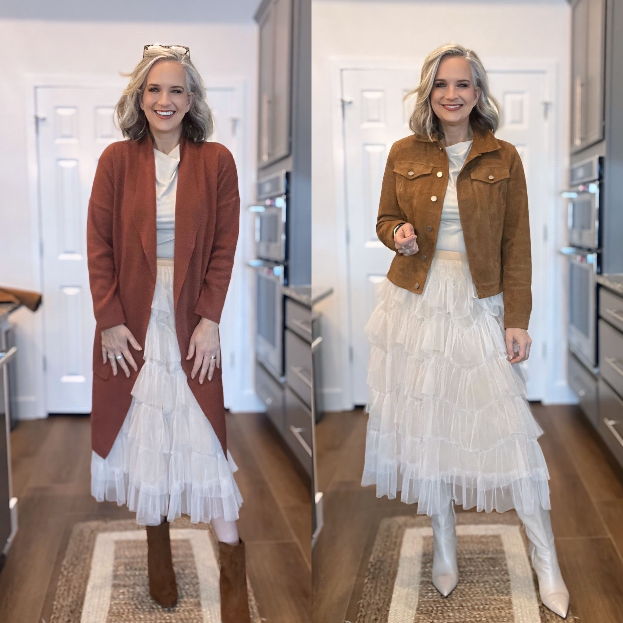 Rule of Thirds- Choose clothing that divides your body into thirds instead of half.
It’s visually appealing and looks updated.

Style rule, fashion tip, style tip, midlife edit, over 40, midlife style, midi tulle skirt, knee high boots, suede jacket, coatigan

#LTKOver40 #LTKFindsUnder50