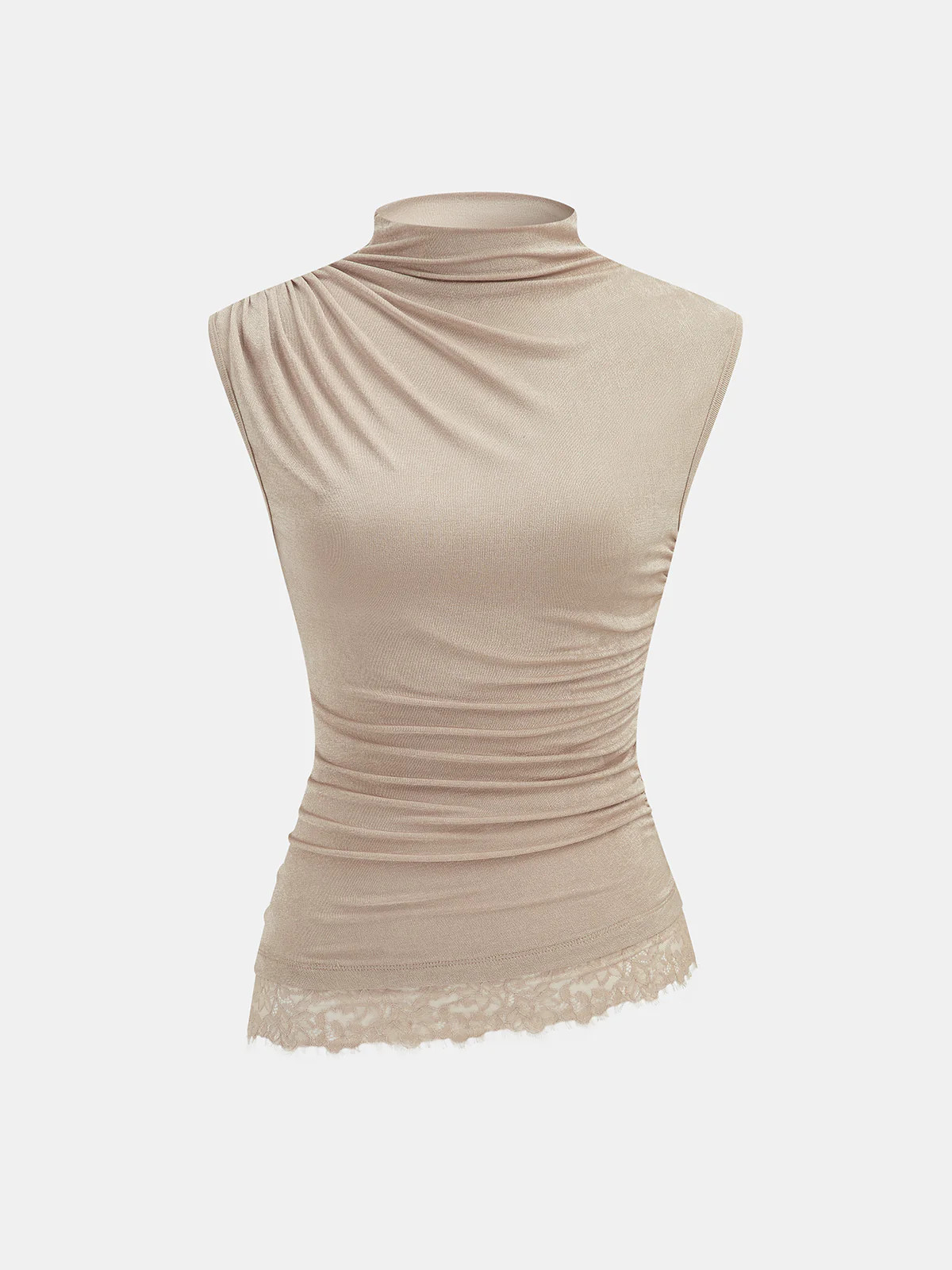 High Neck Sleeveless Ruched Lace Trim Blouse | Commense
