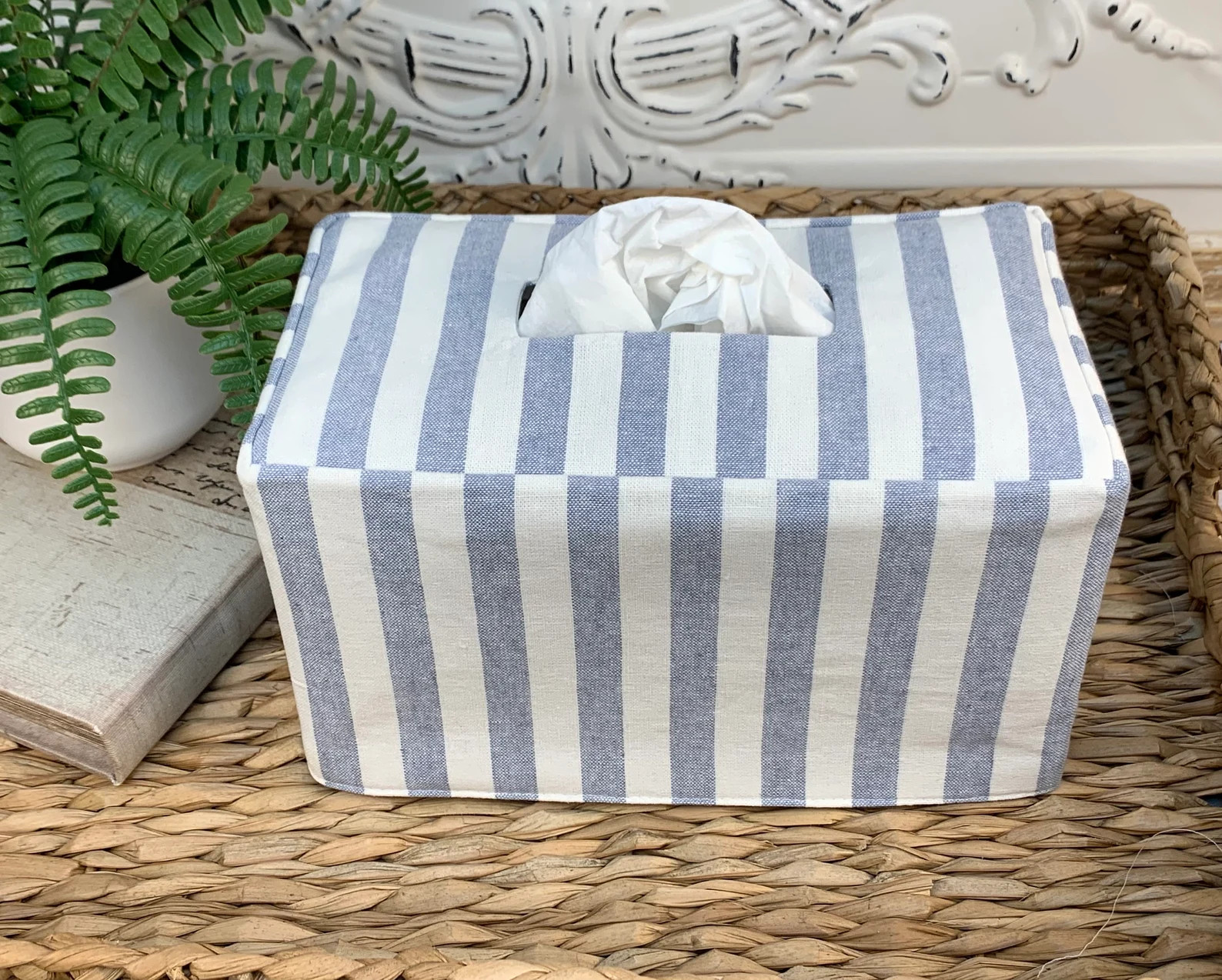 Blue and White Stripe Linen Cotton Blend Rectangle Reversible Tissue Box Cover - Etsy | Etsy (US)