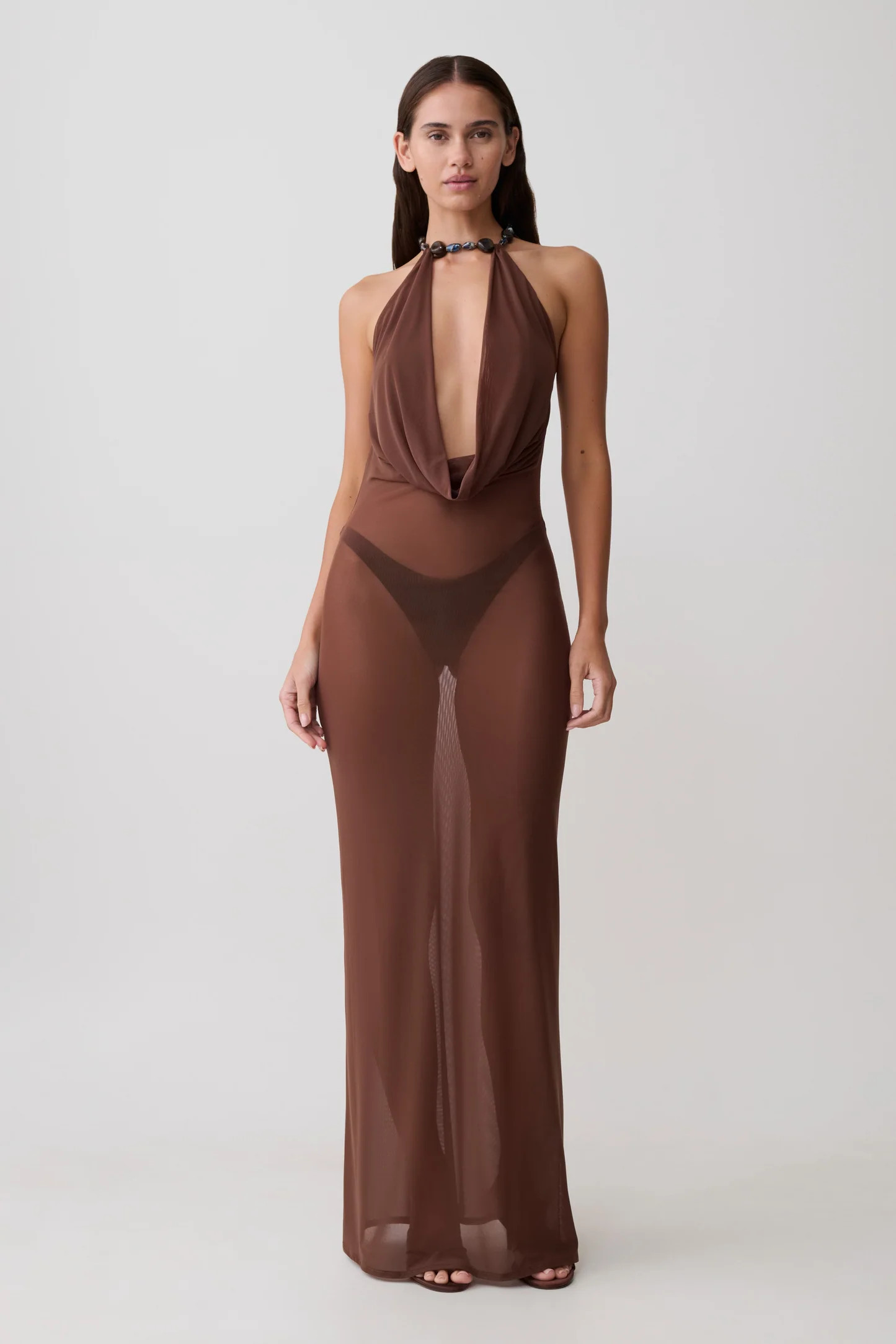 Ethal Mesh Cowl Neck Beaded Maxi Dress - Chocolate | MESHKI US