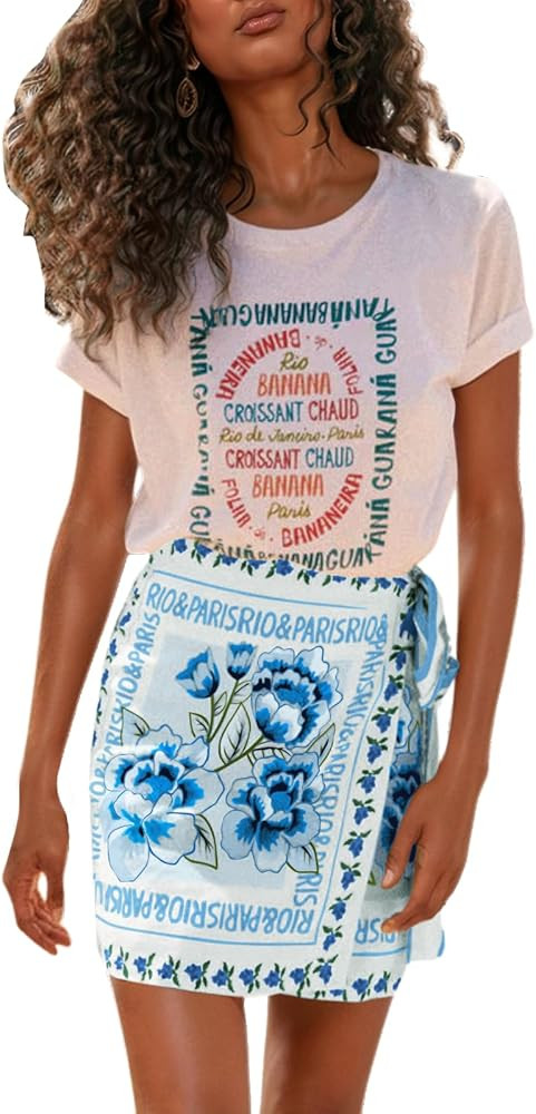 CHARTOU Women's Summer Floral Print Wrap Short Skirt Knot Side High Waist A Line Beach Mini Skirt | Amazon (US)