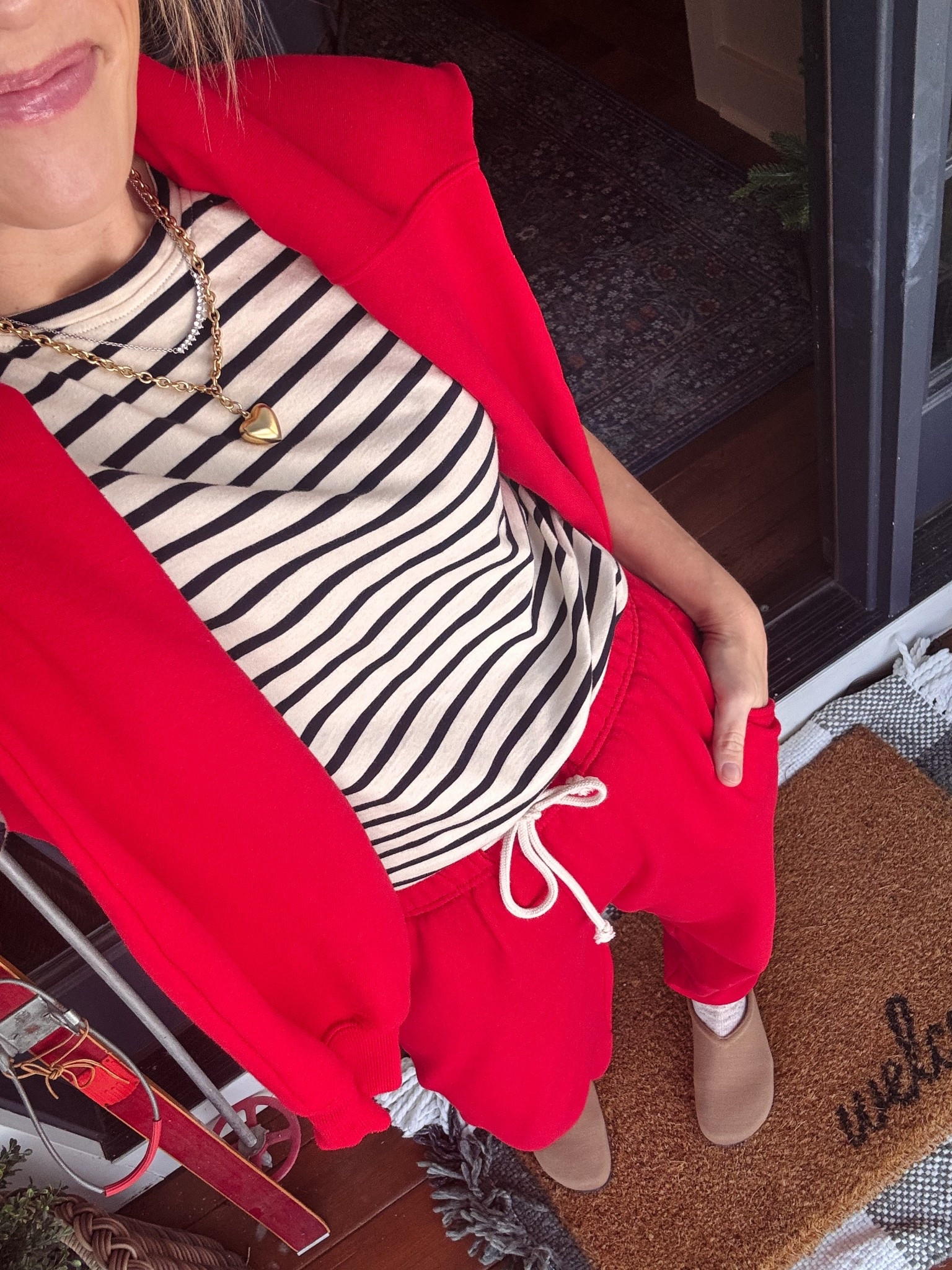 Wearing my regular size small in Z-supply boyfriend jogger, sweatshirt & kule stripe tee. Also linked favorite Madewell white tee, true to size. Roxanne Assoulin mini heart necklace can be worn at any length, dorsey lab diamond curve necklace, bauble bar birthstone huggie earrings and studs. Size down one in Rothy's Casual Clog, color is butternut ~ xo, Claire

#LTKootd #LTKHoliday #LTKmomlife