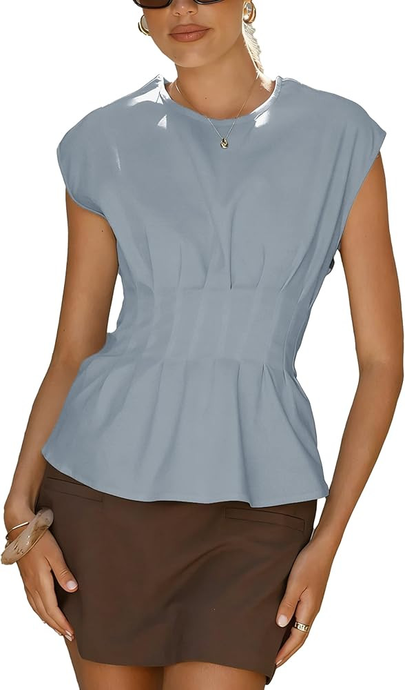 Women's Peplum Tops Short Sleeve Summer Blouses T-Shirts Dressy Casual Crew Neck Pleated Babydoll... | Amazon (US)