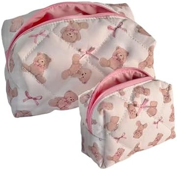Teddy Bow Makeup Bag Set of 2, Cotton Quilted Bear Makeup Bags with Satin Pink Bows, Cute Girly T... | Amazon (US)