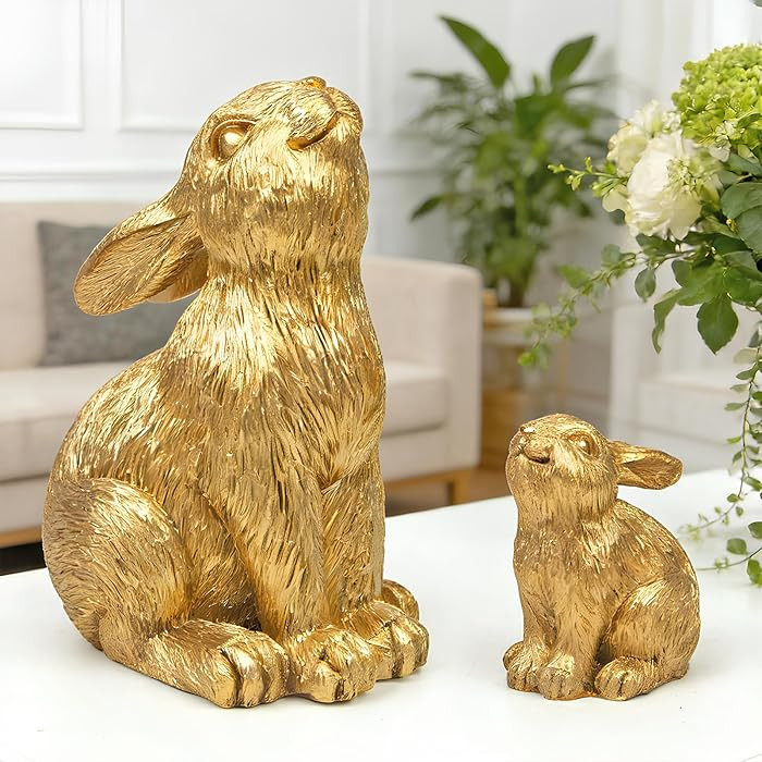 Figuras de conejo de resina doradas, juego de 2 figuras pequeñas de conejo de Pascua, estatuas d... | Amazon (US)
