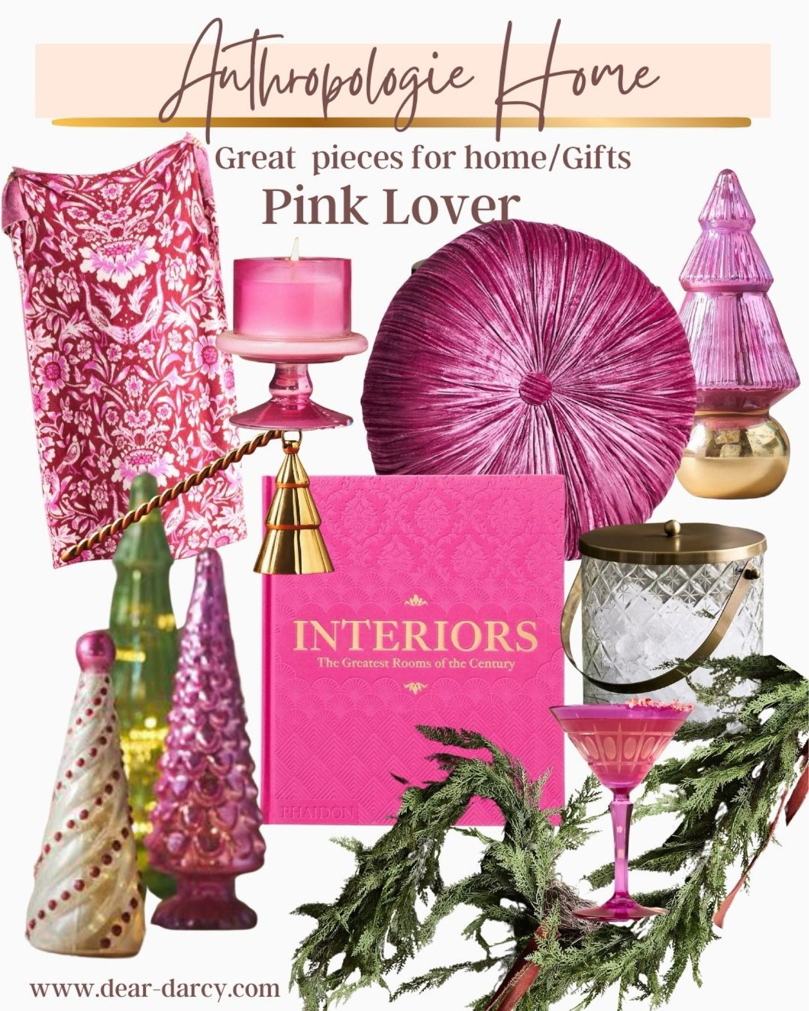 Gift Guides for the pink lover
Home-gifts- holiday/Christmas decor 

Coffee table home decor book
Pink velvet round pillow
Pink pattern throw
Green Christmas garland
Pink glass tree
Mercury glass colorful trees
Pink candle 
Crystal ice bucket
Candle sniffer 
Pink martini glasses 


#LTKGiftGuide #LTKHome #LTKCyberWeek