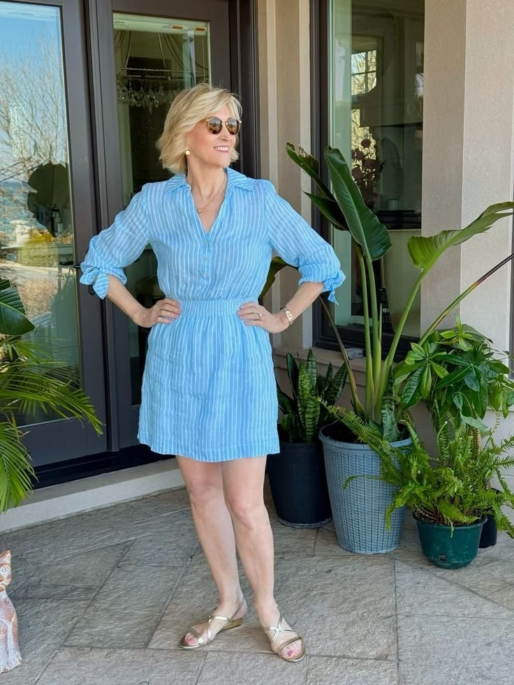 There’s something about a blue striped linen dress that just feels like an easy day in the best way. 💙 This short dress with 3/4 sleeves is one of those pieces I can throw on and instantly feel put together without even trying.

Light, breathable, and effortlessly classic—linen really does all the work for you. I love how the stripes keep it feeling fresh and timeless at the same time.

#LTKSeasonal #LTKOver40 #LTKootd
