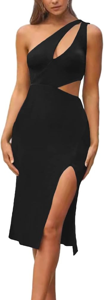 LYANER Women's Sexy One Shoulder Cut Out Split Sleeveless Bodycon Club Midi Dress | Amazon (US)