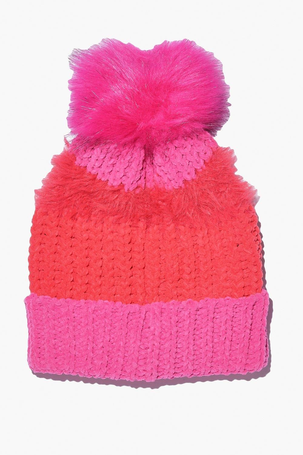 Colourblock Faux Fur Pom Hat | Boohoo.com (US & CA)