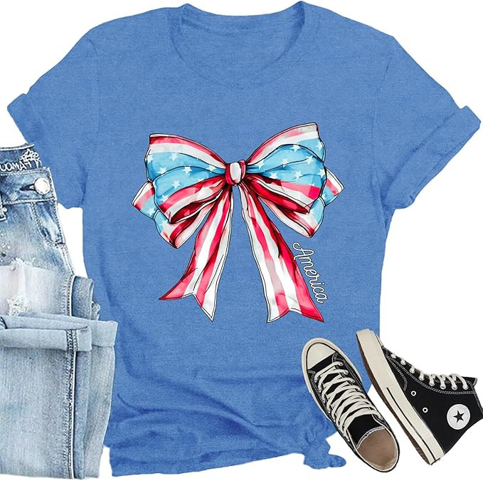 Women American Flag Patriotic T-Shirts Cute USA Bow Flag Shirts Happy 4th of July Tee Tops | Amazon (US)