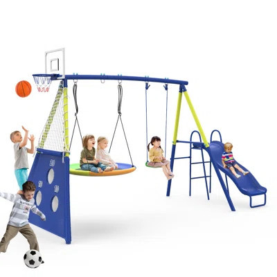 SENCHO GINSYTALIOR Metal Swing Set with Glide, Frisbee, Basketball Rim, Football Net Hole and Warranty | Wayfair North America