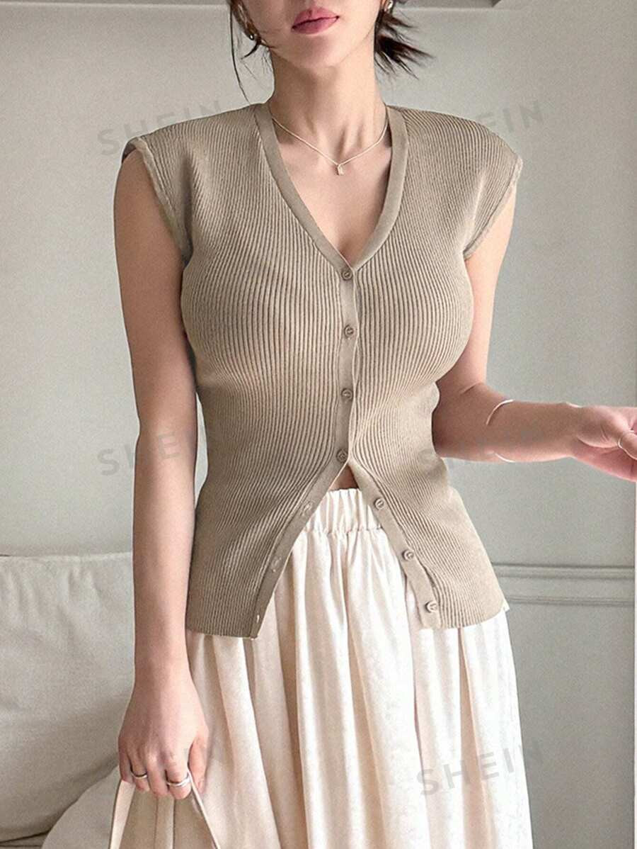 DAZY Solid Color Slim Fit Sleeveless V-Neck Women's Knitted Top | SHEIN