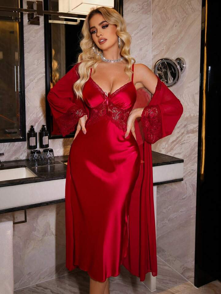SilkySpell Elegant Satin Lace Long Robe Nightgown Pajama Set For Women, Girl Style | SHEIN
