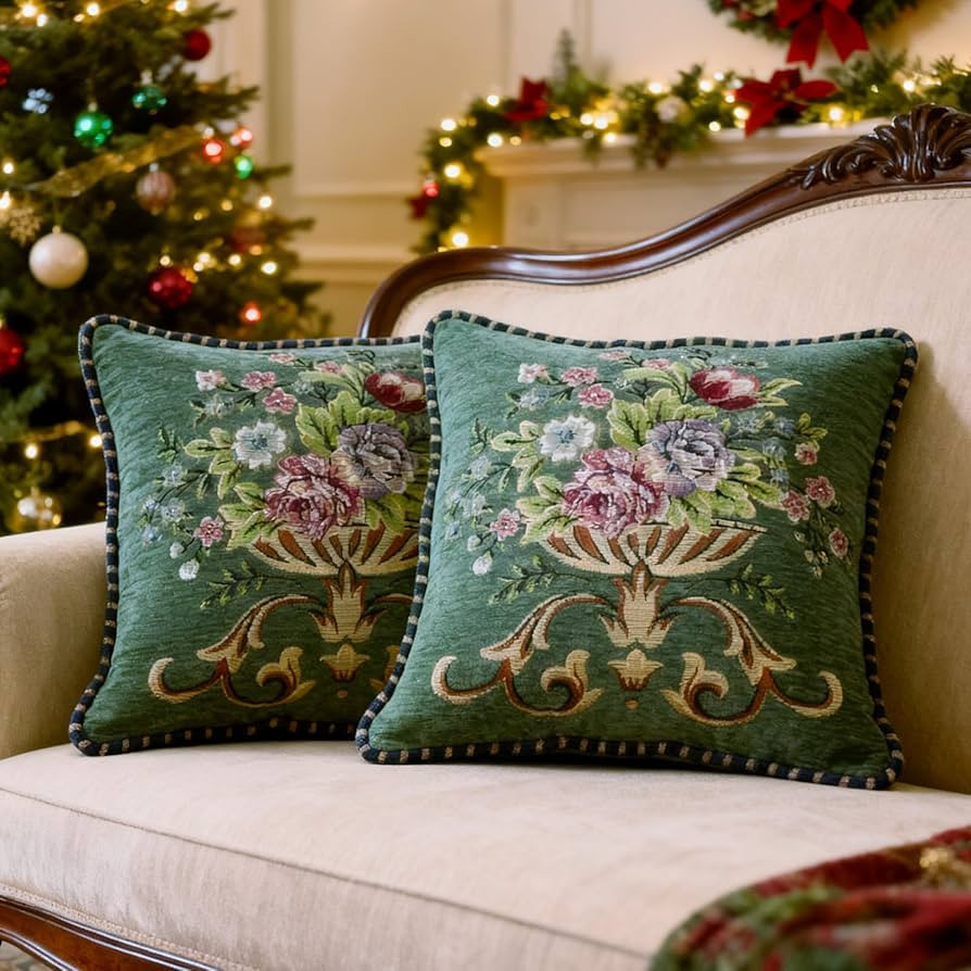 Set of 2 Chenille Vintage Green Throw Pillows Covers 18x18in Sofa Couch Pillows for Living Room F... | Amazon (US)