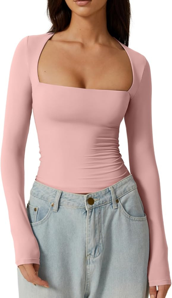 QINSEN Women's Sexy Square Neck Shirt Long Sleeve Double Lined Tees Fitted Going Out Tops | Amazon (US)
