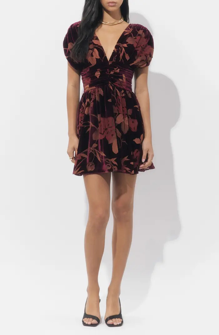 Myla Floral Print Ruched Velvet Minidress | Nordstrom