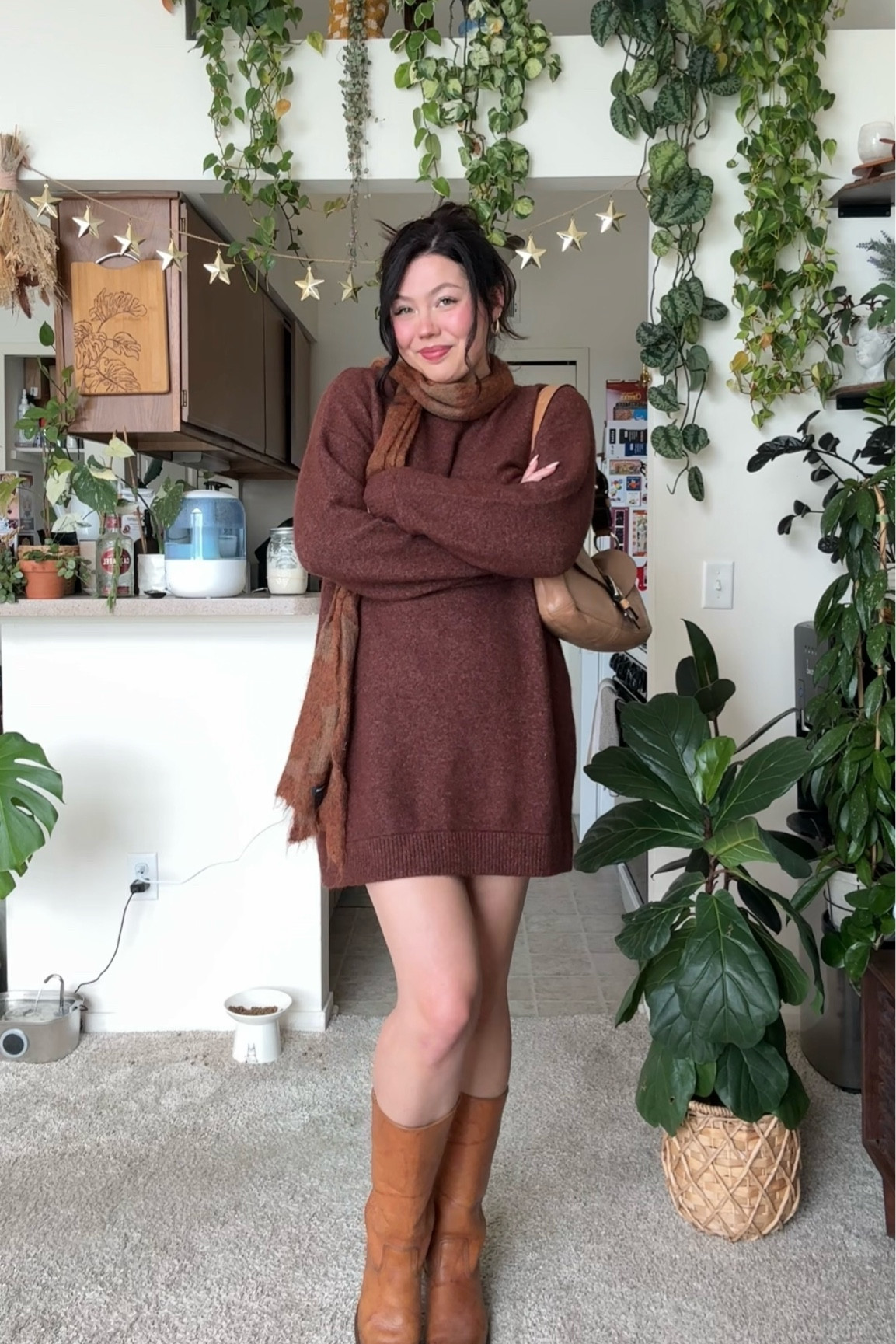 Size L in dress, bag is coach, boots are Frye, scarf is thrifted 