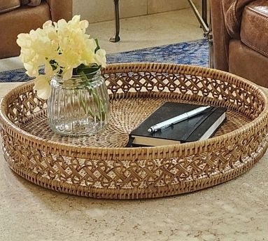 Tava Braided Rattan Round Tray | Pottery Barn (US)