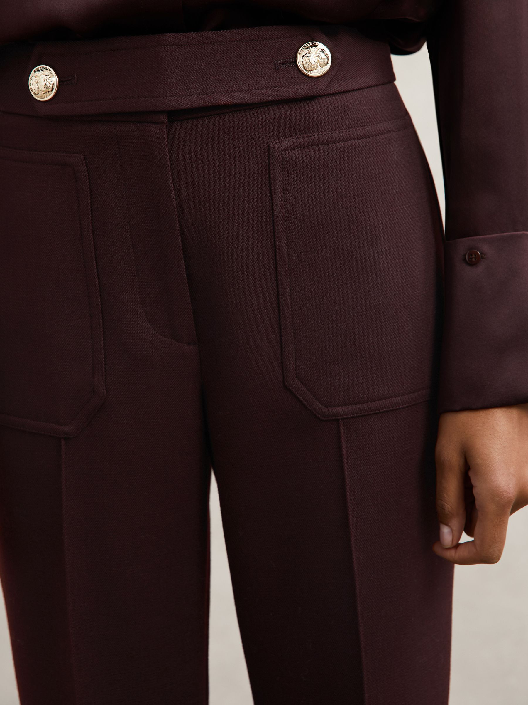 Twill Button-Tab Flared Trousers With Wool in Burgundy | Reiss UK