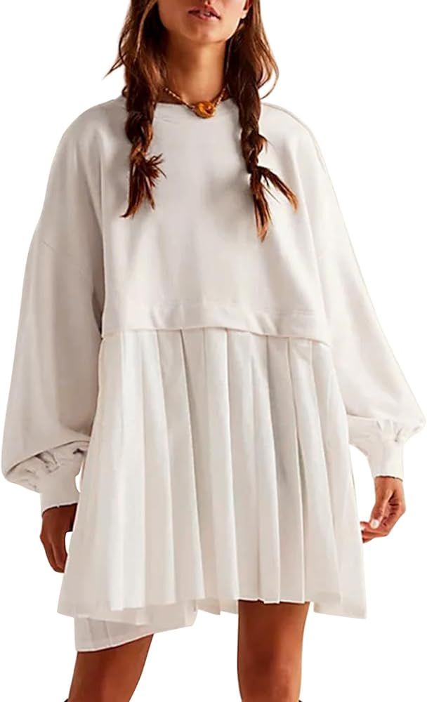 Dokuritu Sweatshirt Dress Women Crew Neck Long Sleeve Patchwork Pullover Tops Flowy Oversized Swe... | Amazon (US)