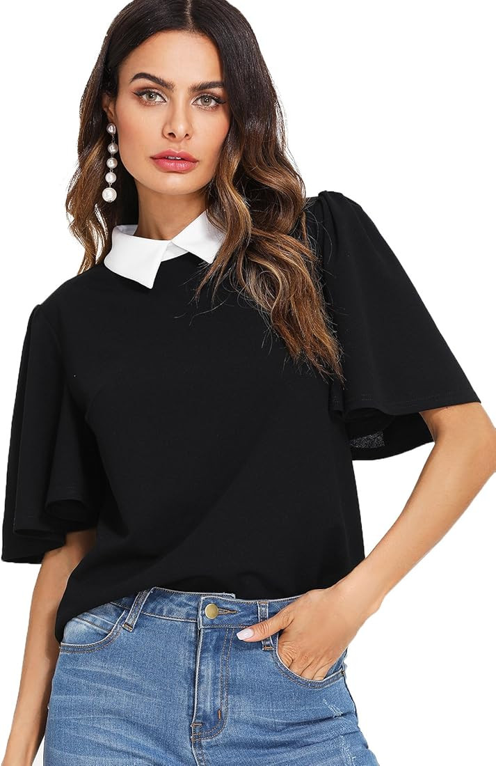 Romwe Women's Cute Contrast Collar Short Sleeve Casual Work Blouse Tops | Amazon (US)