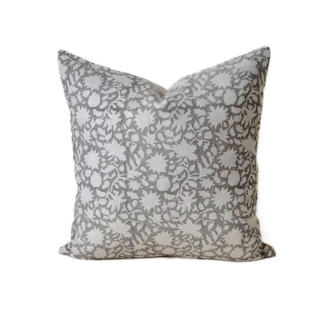 Grey and Natural Floral Linen Pillow, Designer Pillow, Neutral Pillow Cover, Modern Farmhouse Dec... | Etsy (US)
