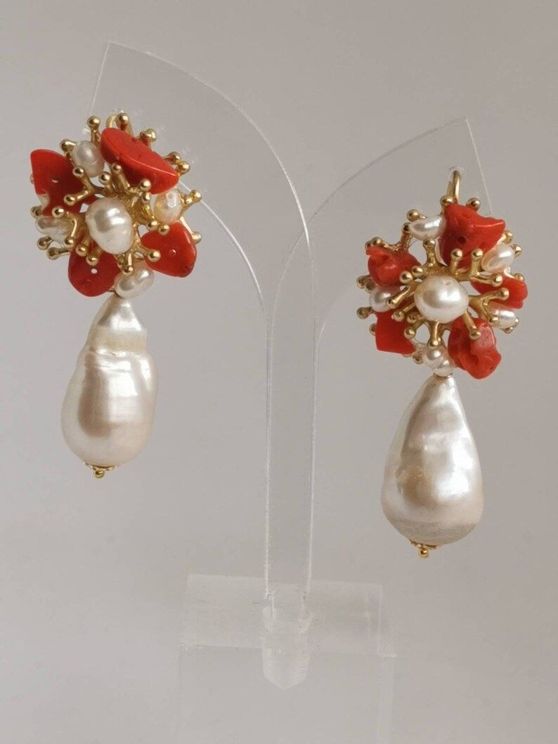 White baroque pearl earrings with Mediterranean red coral, Italian jewelry | Etsy (US)