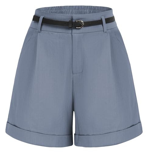Ladies Black Bermuda Shorts with Pockets Elastic Waist Wide Leg Shorts for Casual (Blue-Gray,M) | Amazon (US)