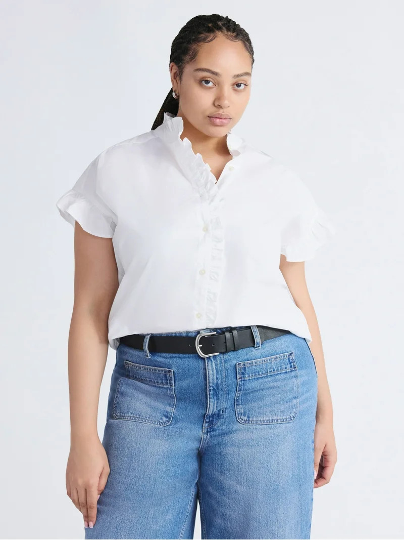 Free Assembly Women's and Women's Plus Ruffle Trim Neck Top with Short Sleeves, Sizes XS-4X | Walmart (US)