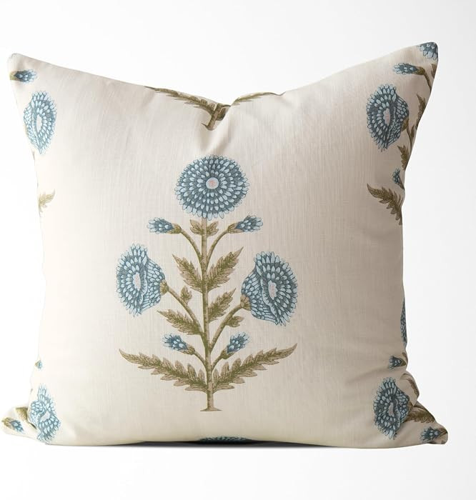 Flora Vintage Zinnia Block Print Pillow Cover 20x20 \u2013 100% Cotton Decorative Throw Pillow Co... | Amazon (US)