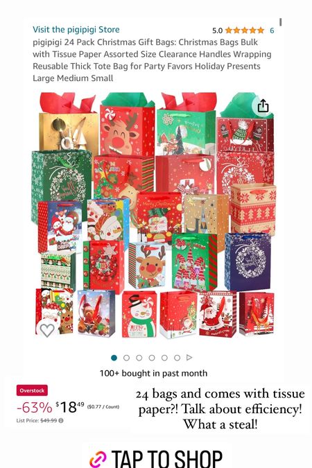 Pack of 24 Christmas gift bags WITH tissue paper on sale for under $20!!! This is pretty amazing bulk deal for all of your Xmas gifts & baked goods! 

#LTKHoliday #LTKCyberWeek #LTKGiftGuide