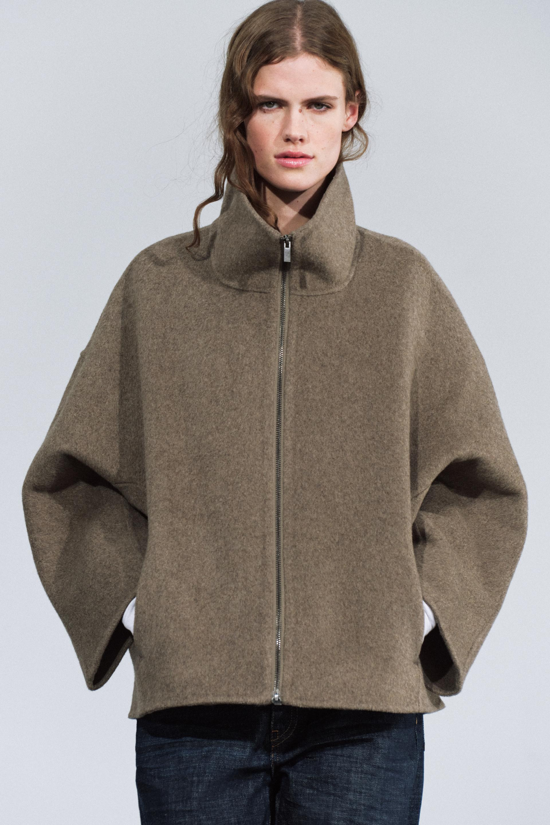 Zara - Wool-Blend Short Coat - Zw Collection - Brown / Taupe - M - Woman | Zara US