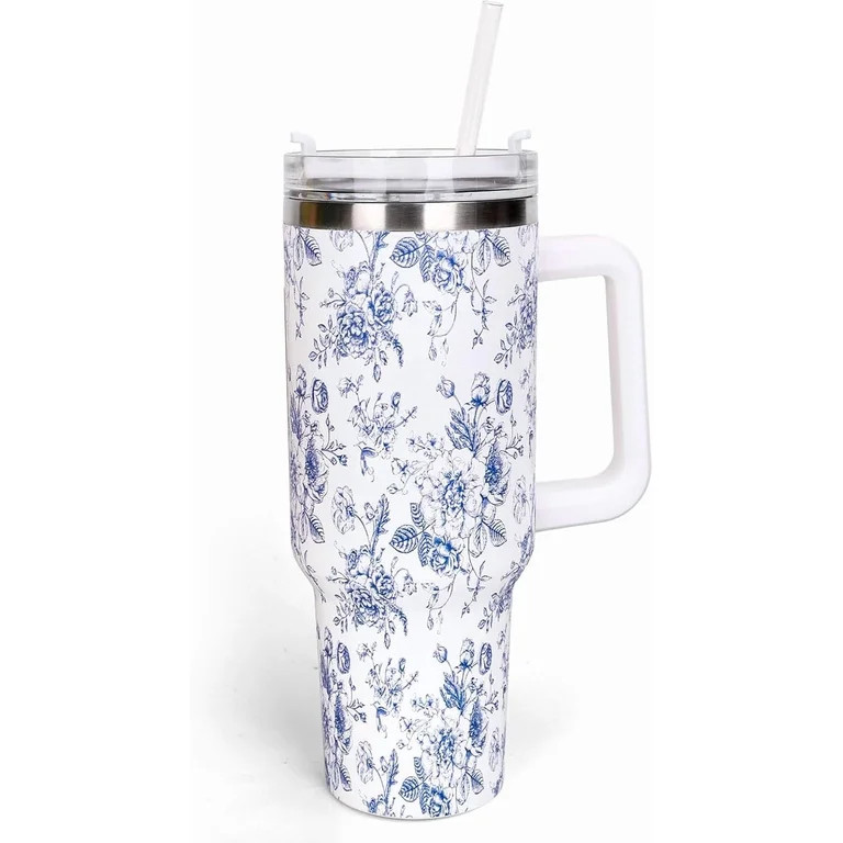 40oz Blue Flower Tumbler with Handle Straw and Lid Spring Travel Tumbler Chinoiserie Toile Floral... | Walmart (US)
