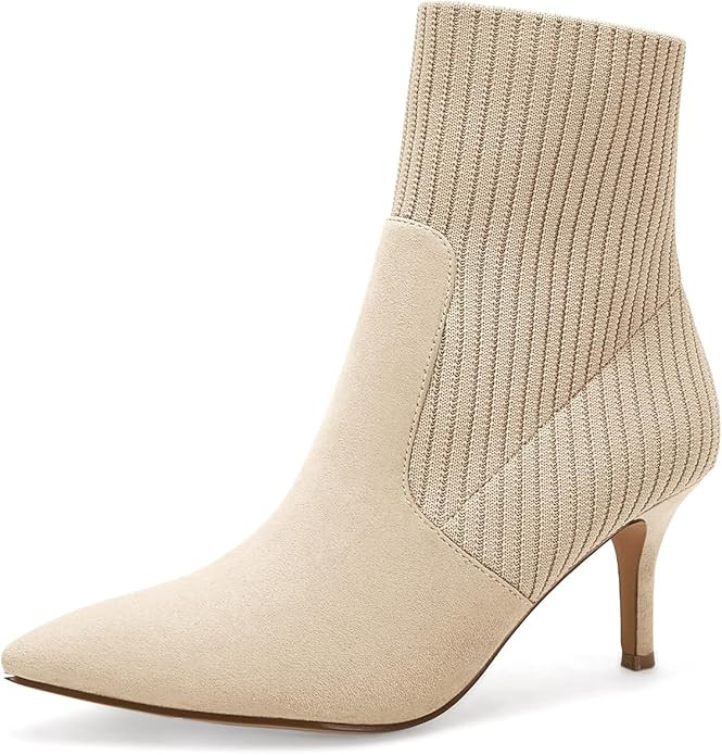 Coutgo Women's Pointed Toe Ankle Boots Stiletto Kitten Heel Knit Faux Suede Winter Sock Booties | Amazon (US)