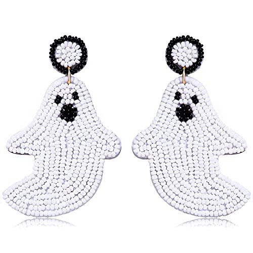 NVENF Halloween Earrings Spooky Beaded Ghost Pumpkin Dangle Earrings for Women Handmade Bead Drop Earring Studs Costume Themed Party Jewelry Gifts (Ghost) | Amazon (US)