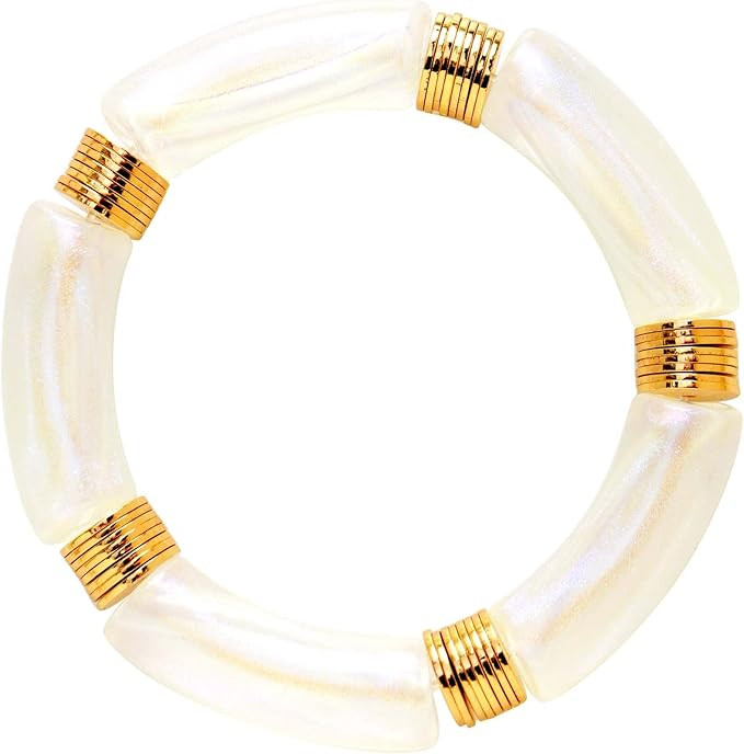 GOOJIDS Women's 14K Brass Bracelet, Bamboo Tube Chunky Curved Stacking Clear Acrylic Colorful Bea... | Amazon (US)